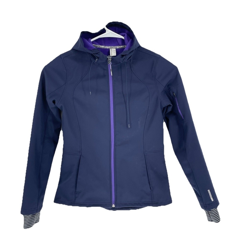 Mondetta Jacket Women's Sz M Purple Full-Zip Mock Neck Hooded Ribbed Trim Pocket